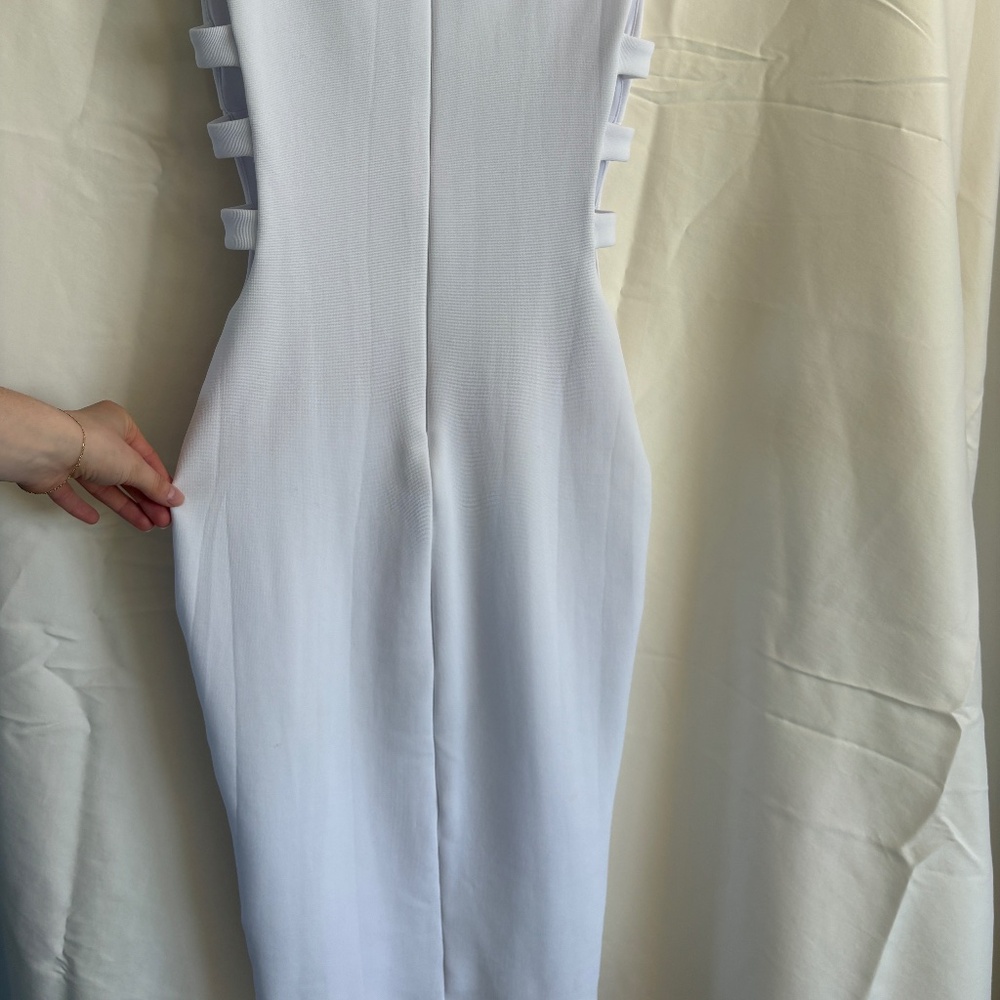 Nookie Bodycon Midi Dress - White, Deep V-Neck , Side Cutouts, Size 4 (US)